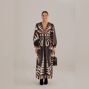 Farm Rio Black Coconut Grove Puff Sleeve Maxi Dress XS